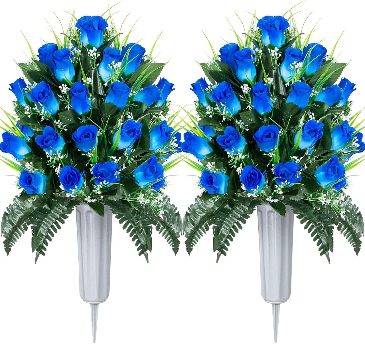2 Sets (Pure Blue) Memorial Flowers Bouquet with Cemetery Vase